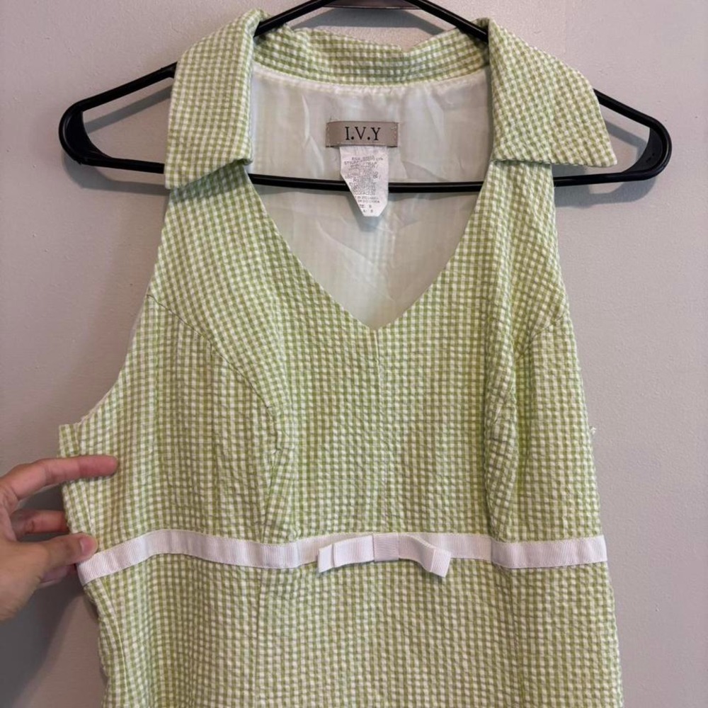 60's 70's Vintage Retro Halter Cottagecore Green Plaid Midi Boho Dress - Small - Picture 5 of 9